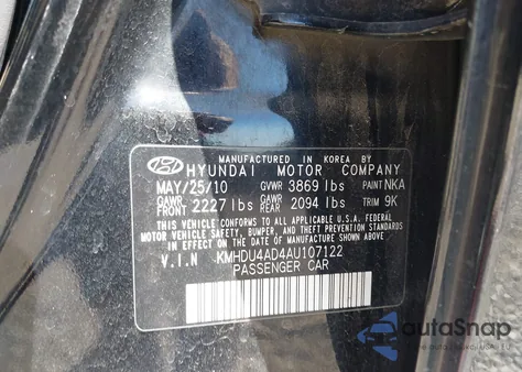 2010 Hyundai Elantra z USA, uszkodzony, nr VIN KMHTU4AD4AU107122